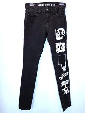 Hot Topic Denim Stinger Black Skinny Jeans with Goth Patches Size 28